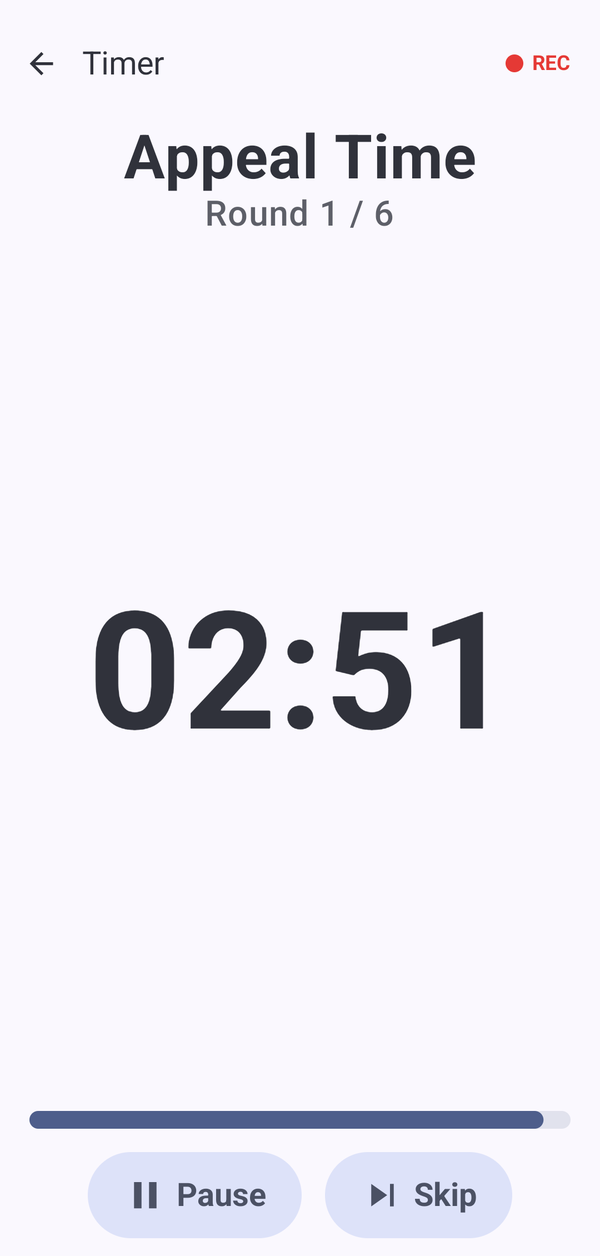 Timer screen showing Appeal Time 02:51, round 1 of 6, with a REC indicator