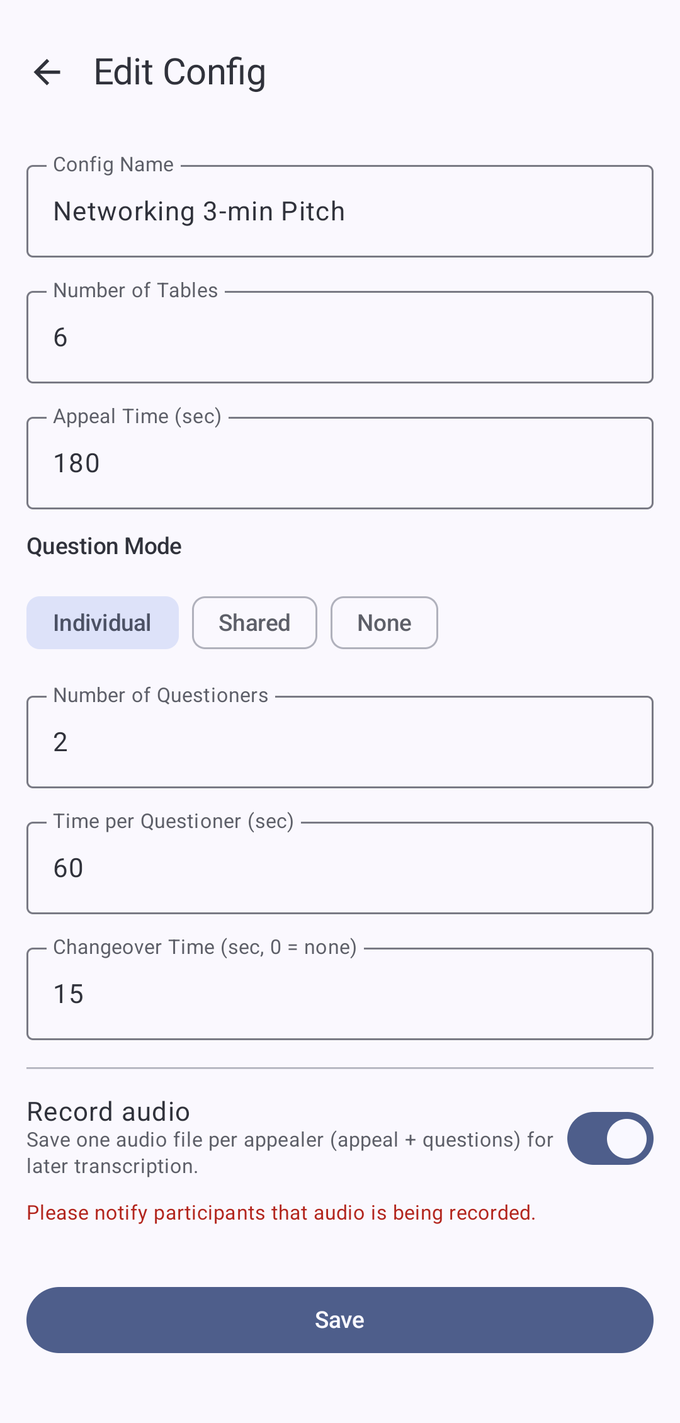 Edit screen for pitch time, question mode and number of rounds