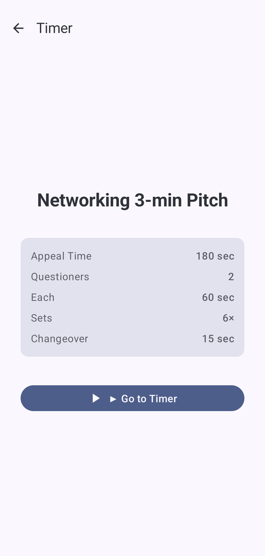 Pre-start screen summarising the “Networking 3-min Pitch” settings