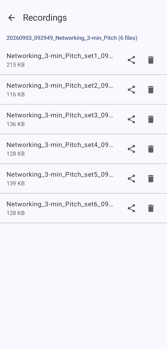 Recordings list split into six files, one per speaker