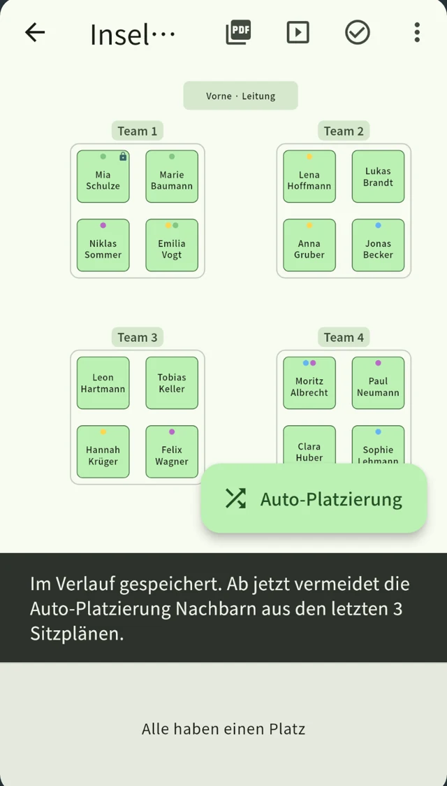 Ein festgelegter Sitzplan wird gespeichert, und der nächste vermeidet diese Nachbarn