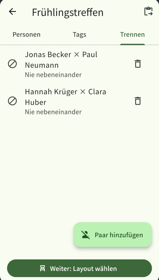 Der Bildschirm „Trennen“ mit Paaren, die nie nebeneinander sitzen