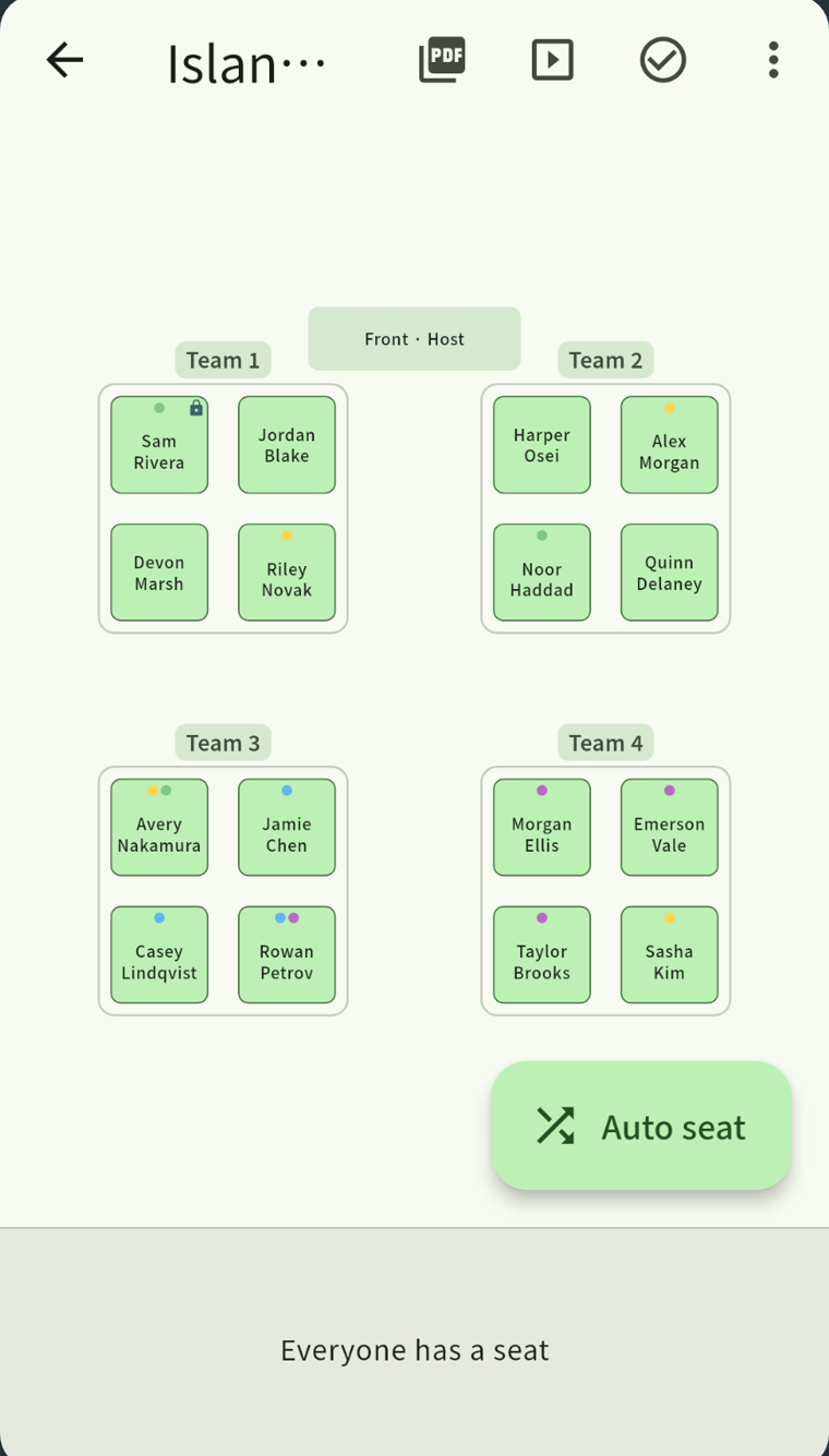 The SeatCraft seating chart: four islands of four, filled automatically, with tag colors on the seats