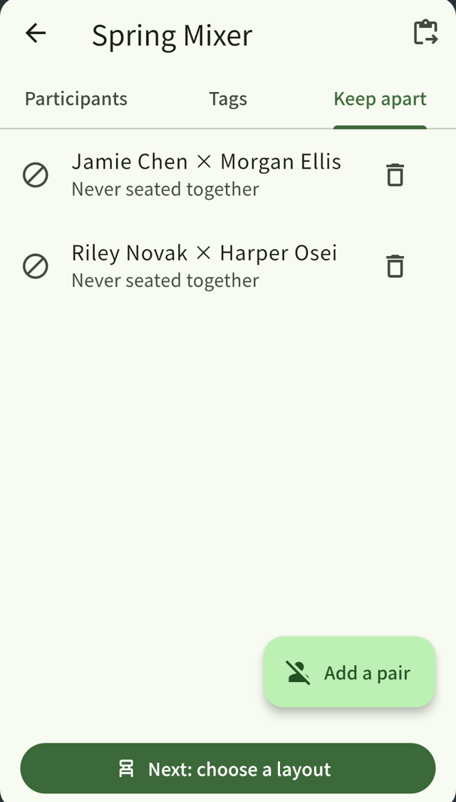 The screen for pairs kept apart, listing people who are never seated together