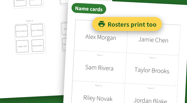 A printed seating chart and a sheet of name cards