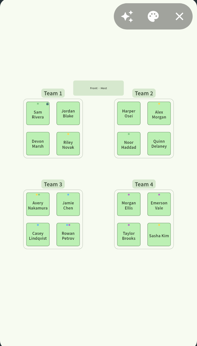 Presentation mode: the seating chart in large type for a projector