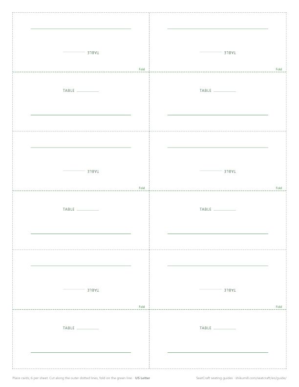 Place card template: six fold-to-stand cards per sheet, each with a table number and a name line