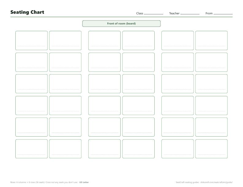 Rows seating chart template: three columns of paired desks, six rows deep