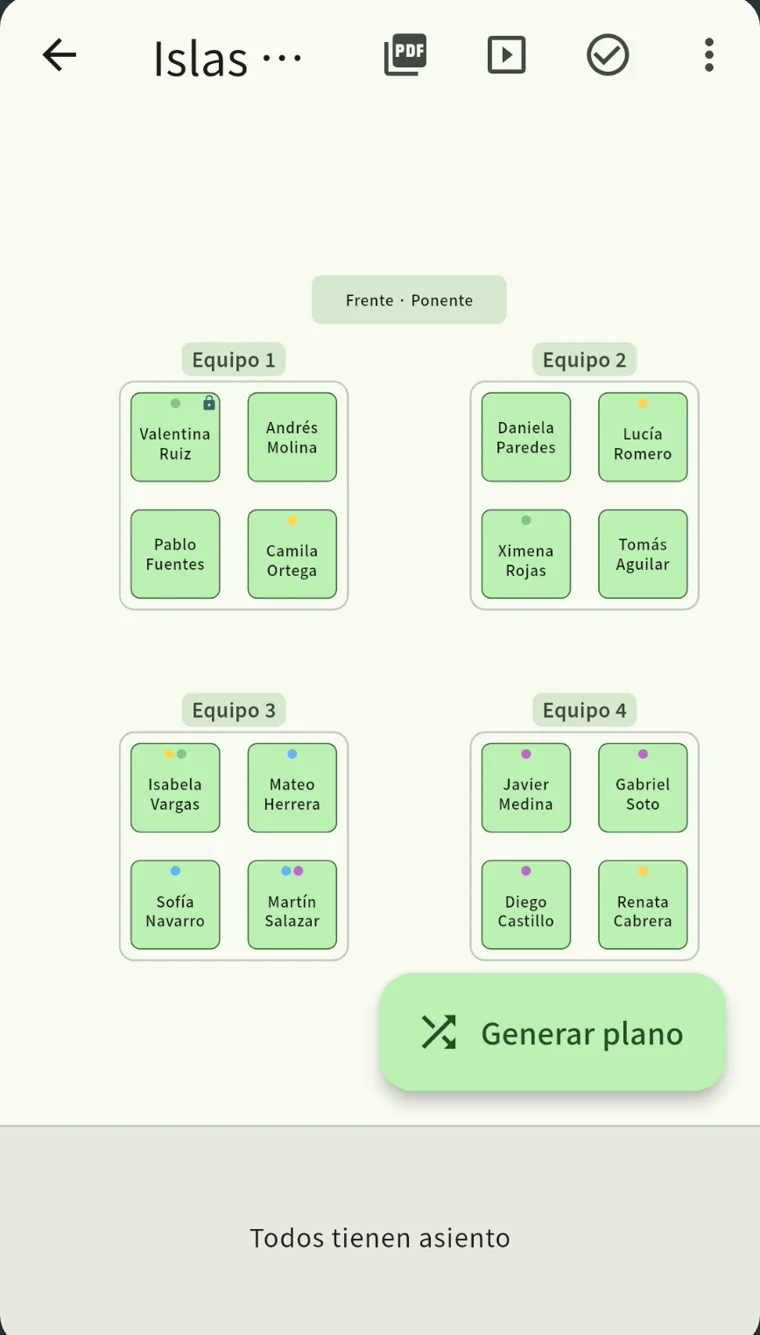 El plano de asientos de SeatCraft: cuatro islas de cuatro, completadas automáticamente, con los colores de las etiquetas en los asientos