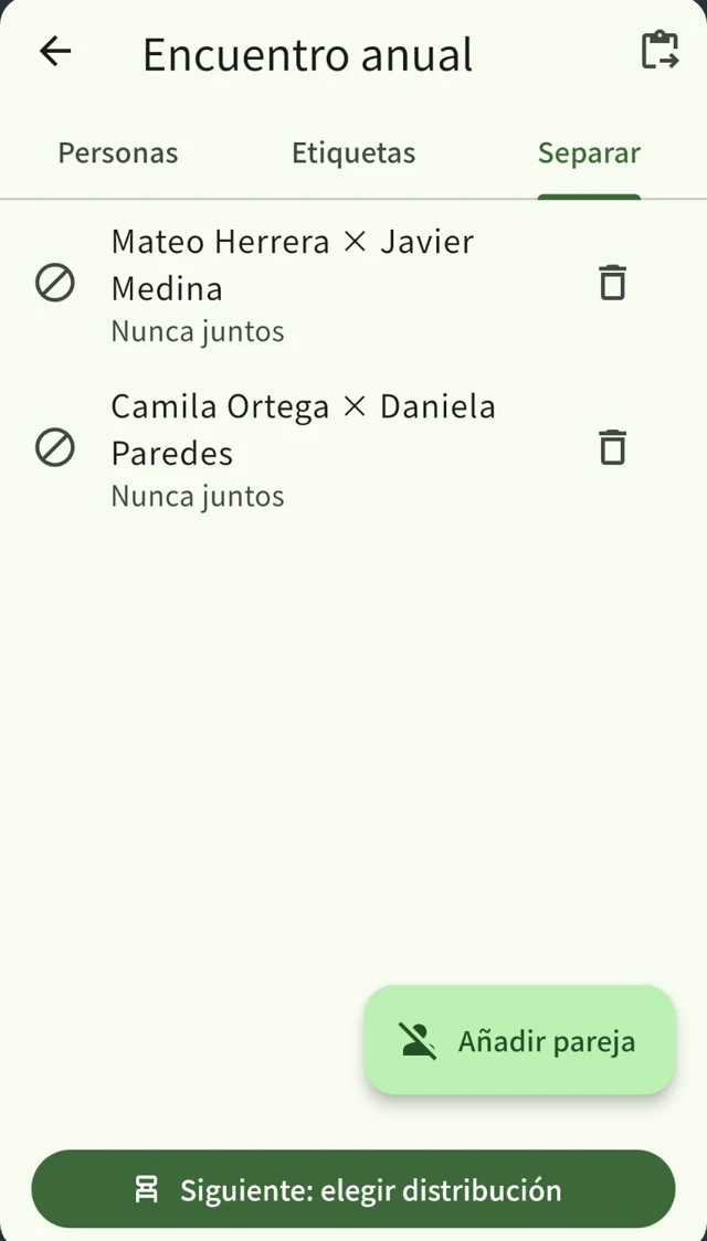 La pantalla de parejas a separar, con las personas que nunca se sientan juntas