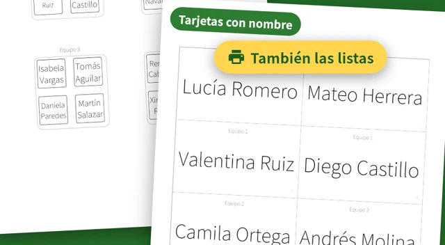 Un plano de asientos impreso y una hoja de tarjetas con nombre
