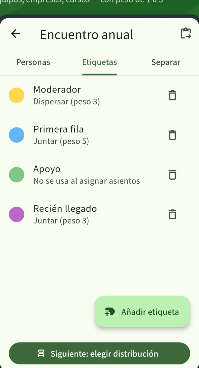 La pantalla de etiquetas: cada etiqueta está configurada para juntar o dispersar, con un peso