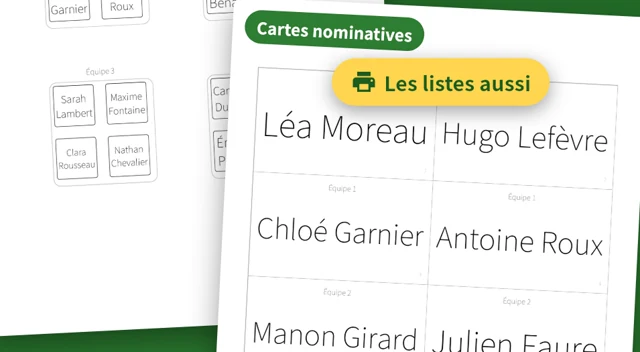 Un plan de table imprimé et une feuille de cartes nominatives