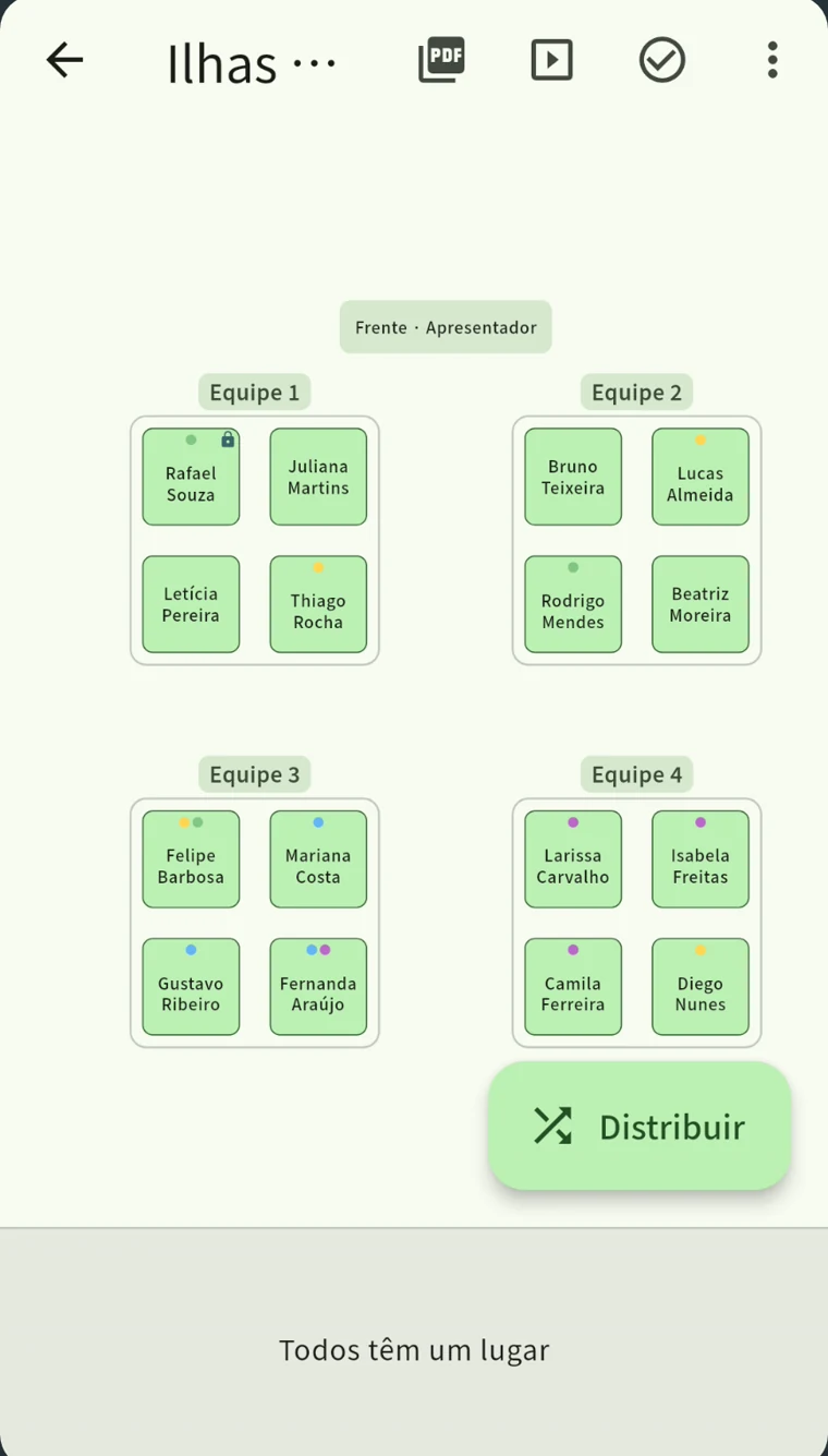O mapa de lugares do SeatCraft: quatro ilhas de quatro lugares, preenchidas automaticamente, com as cores das tags nos lugares