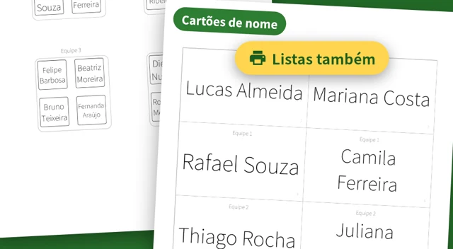 Um mapa de lugares impresso e uma folha de cartões de nome