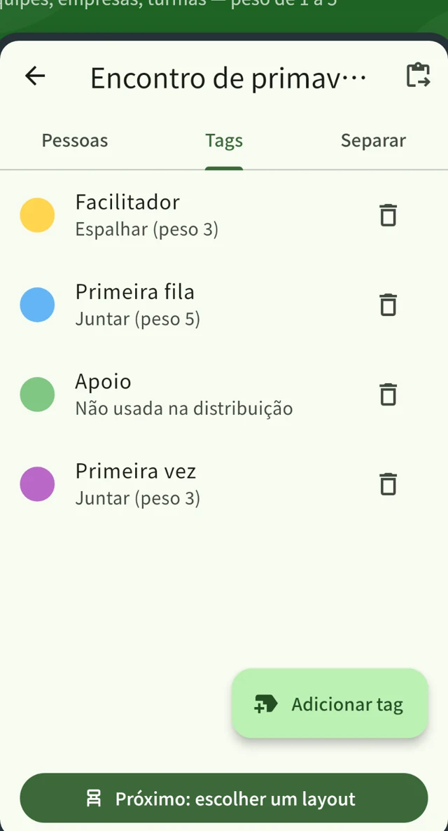 A tela de tags: cada tag está definida para juntar ou espalhar, com um peso